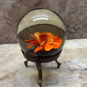 Orange Flower Large Round Art Hand Blown Glass Paperweight